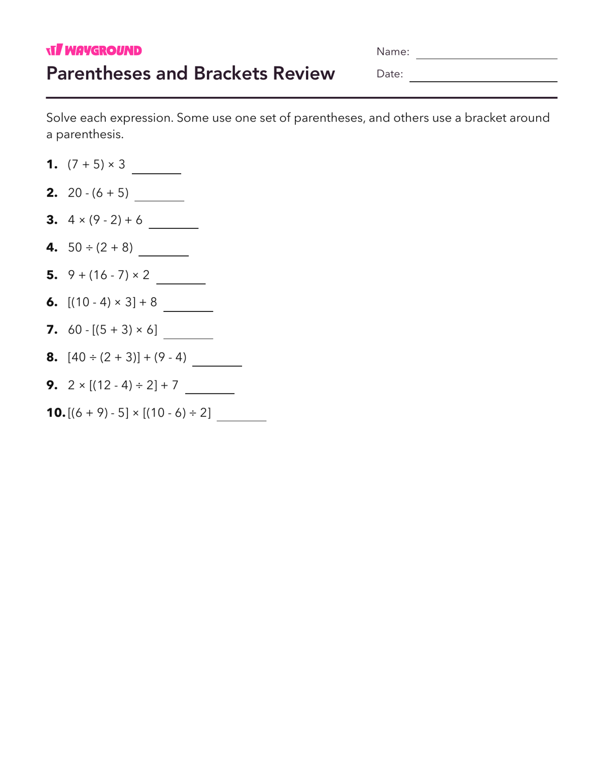 Parentheses and Brackets Review - Printable Order-of-operations-pemdas Worksheets Year 5 - Wayground
