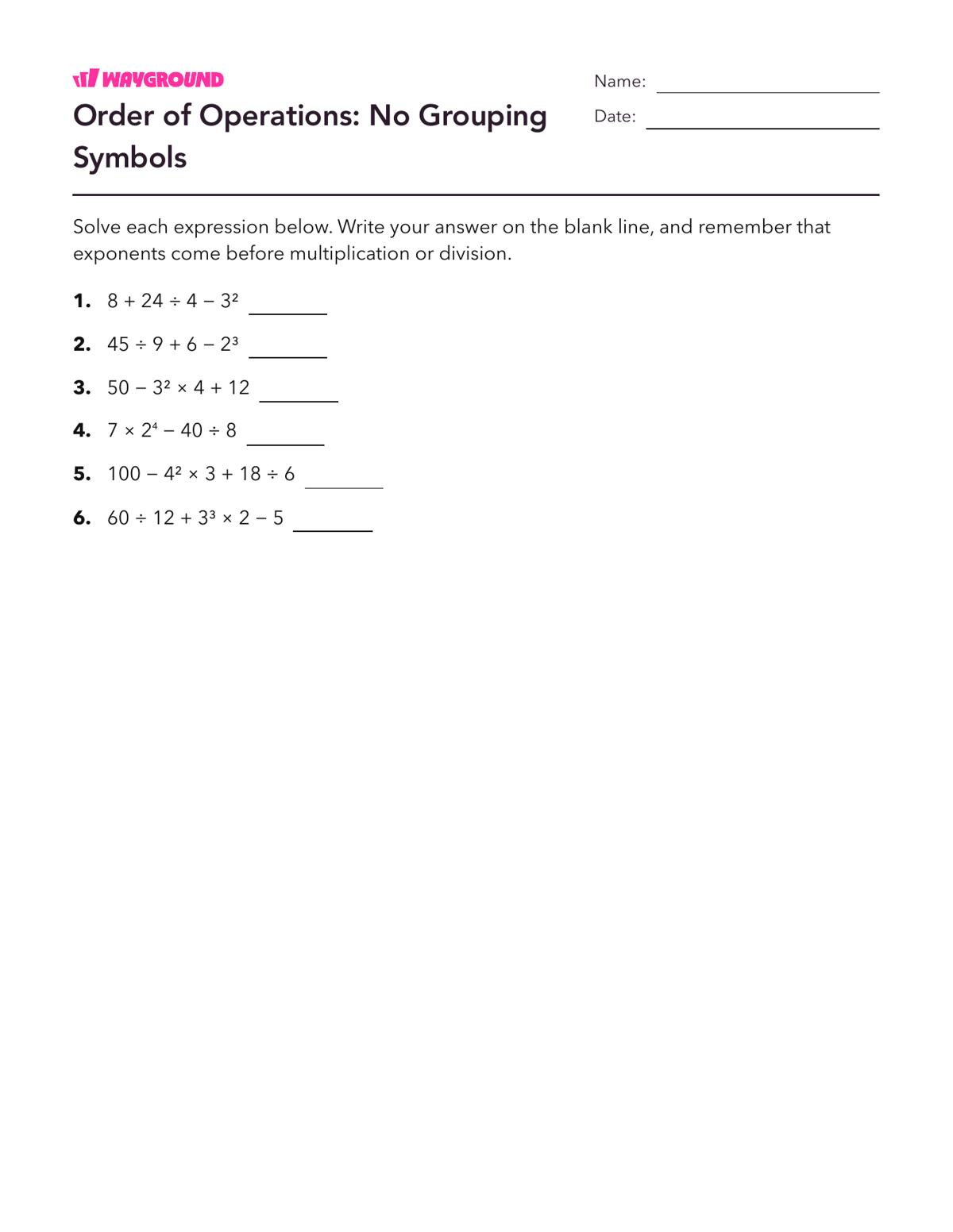 Order of Operations: No Grouping Symbols - Imprimível Order-of-operations-pemdas Worksheets Grade 6 - Wayground