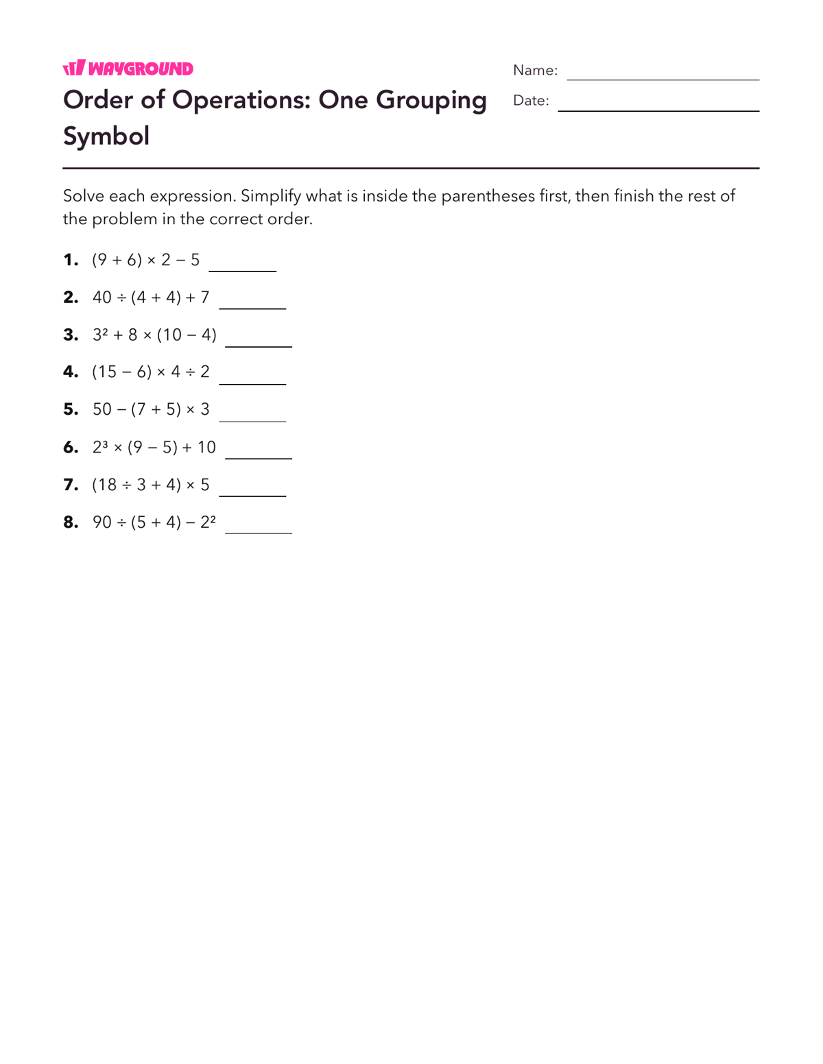 Order of Operations: One Grouping Symbol - Imprimível Order-of-operations-pemdas Worksheets Grade 6 - Wayground