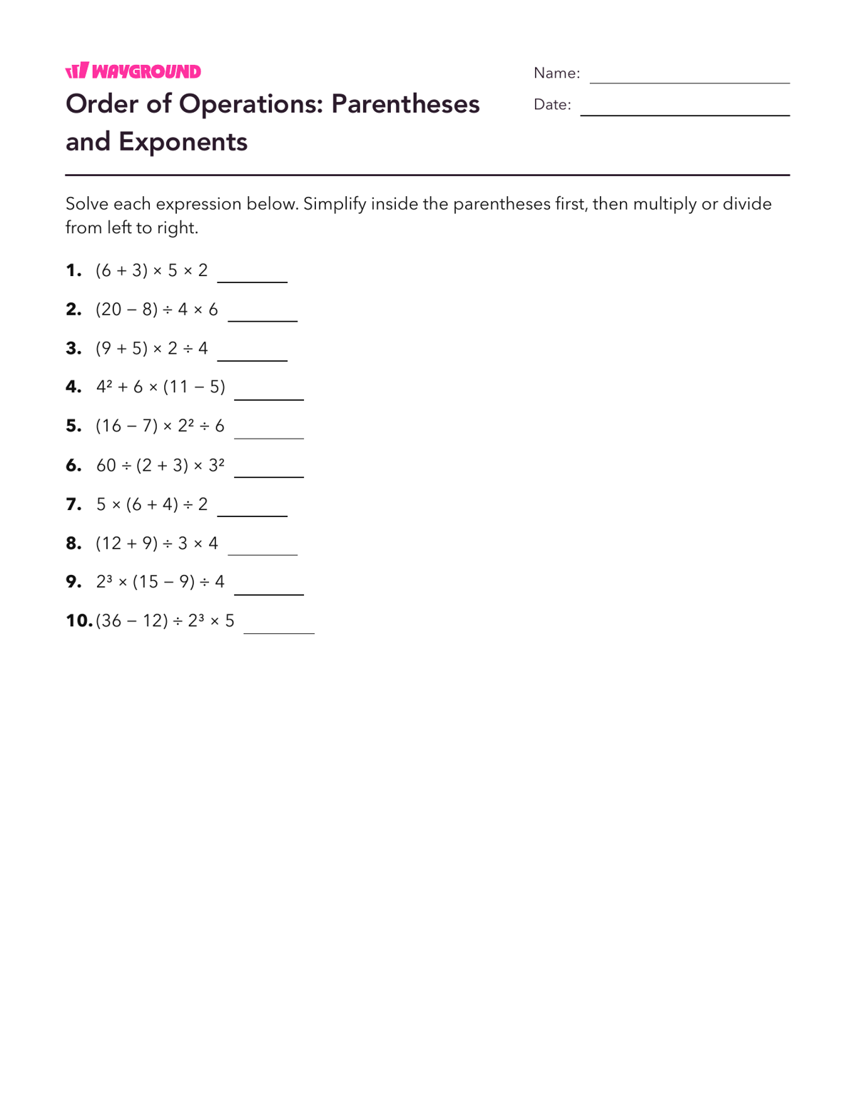 Order of Operations: Parentheses and Exponents - Imprimível Order-of-operations-pemdas Worksheets Grade 6 - Wayground