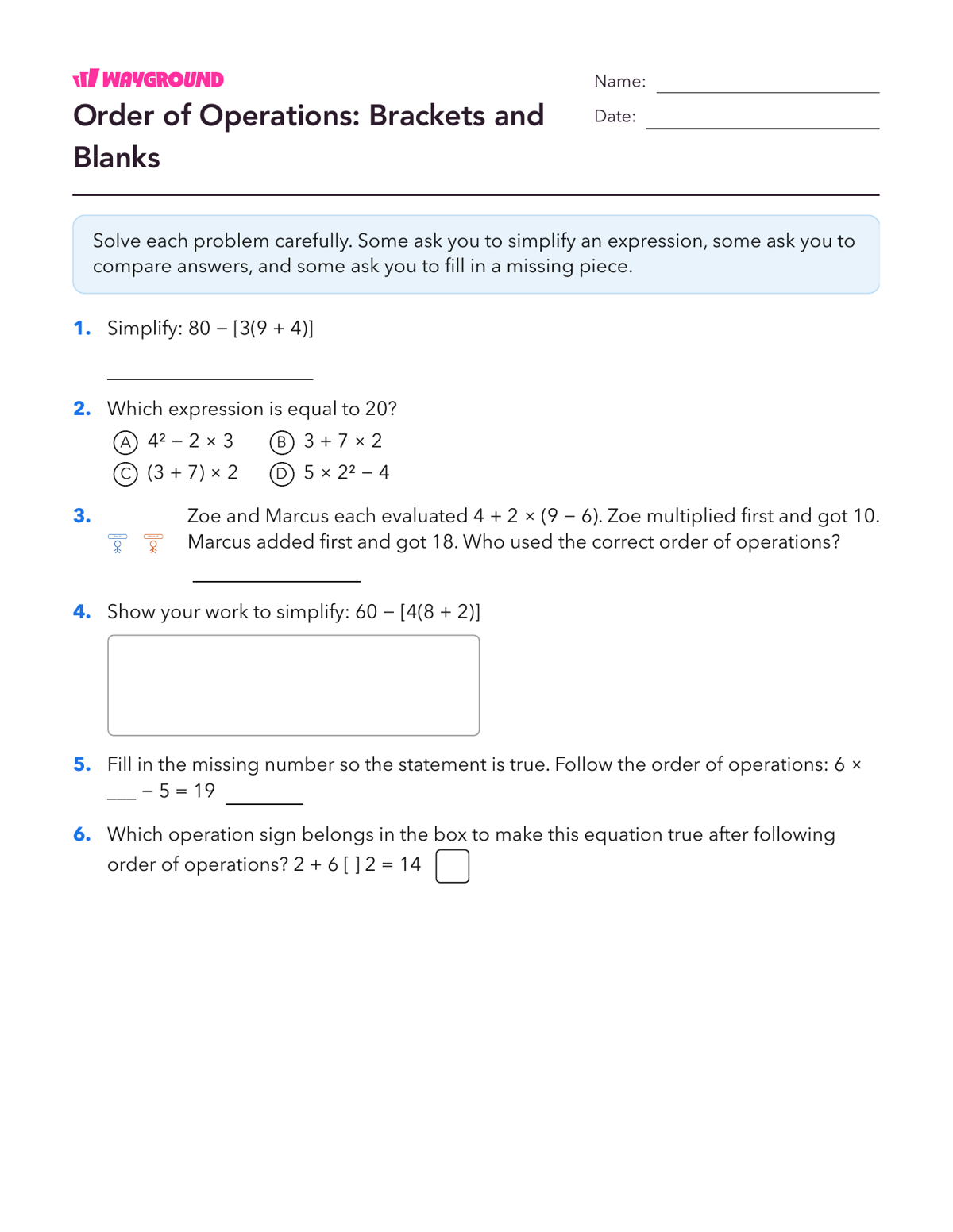 Order of Operations: Brackets and Blanks - Imprimível Order-of-operations-pemdas Worksheets Grade 6 - Wayground