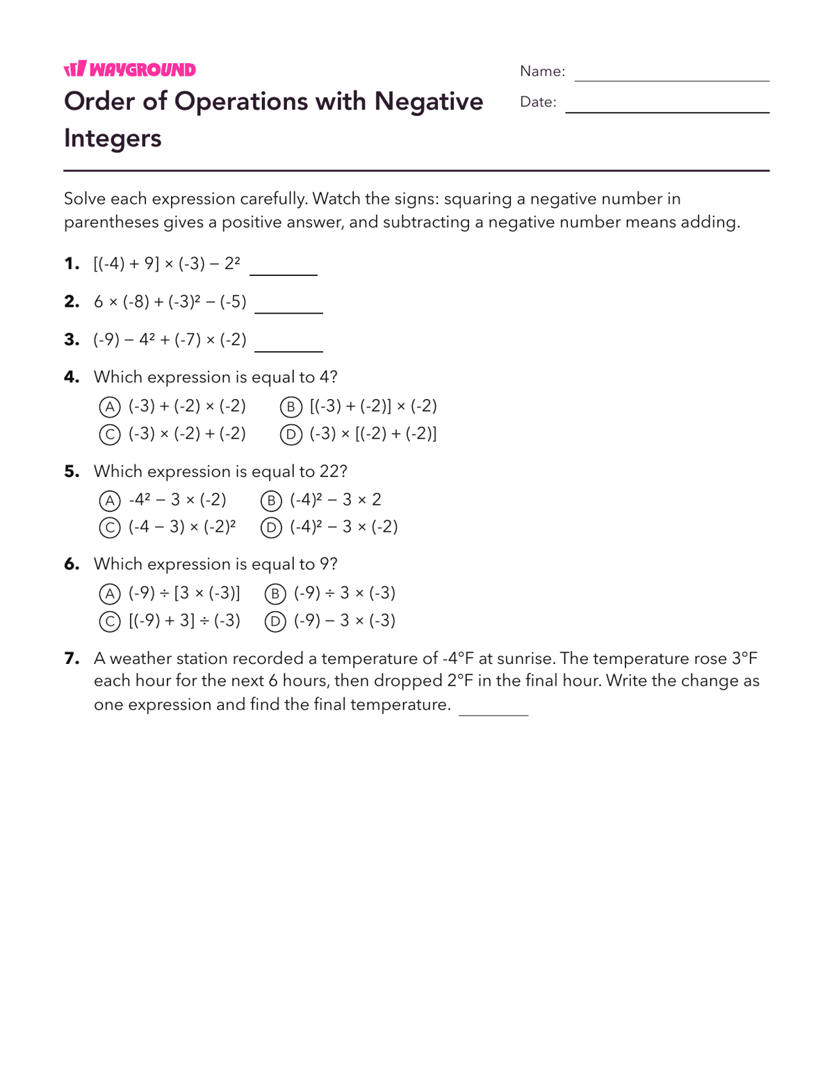Order of Operations with Negative Integers - Imprimível Order-of-operations-pemdas Worksheets Grade 6 - Wayground