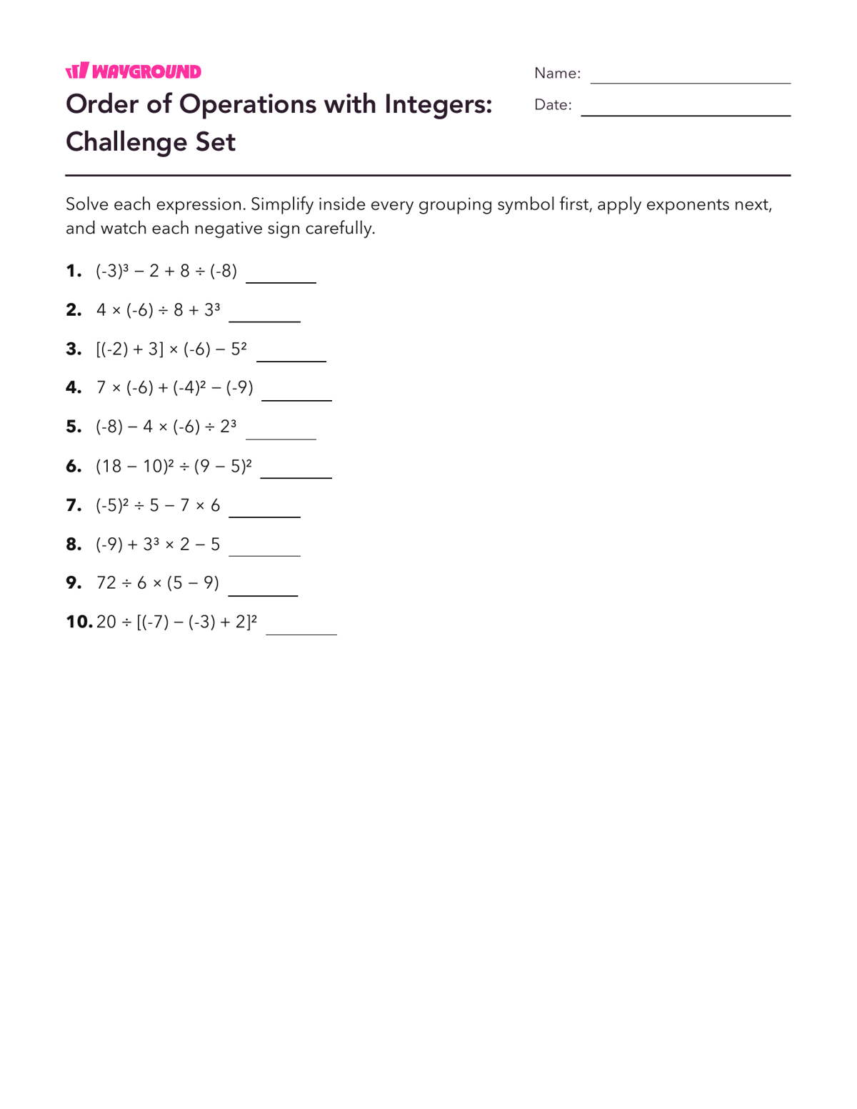 Order of Operations with Integers: Challenge Set - Imprimível Order-of-operations-pemdas Worksheets Grade 6 - Wayground