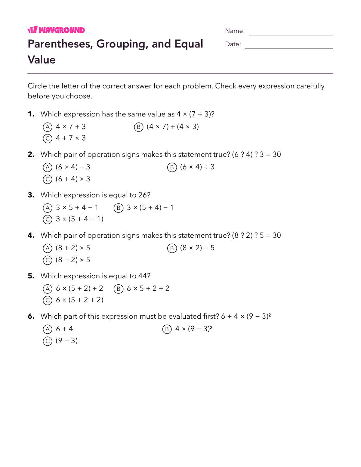Parentheses, Grouping, and Equal Value - Imprimível Order-of-operations-pemdas Worksheets Grade 6 - Wayground