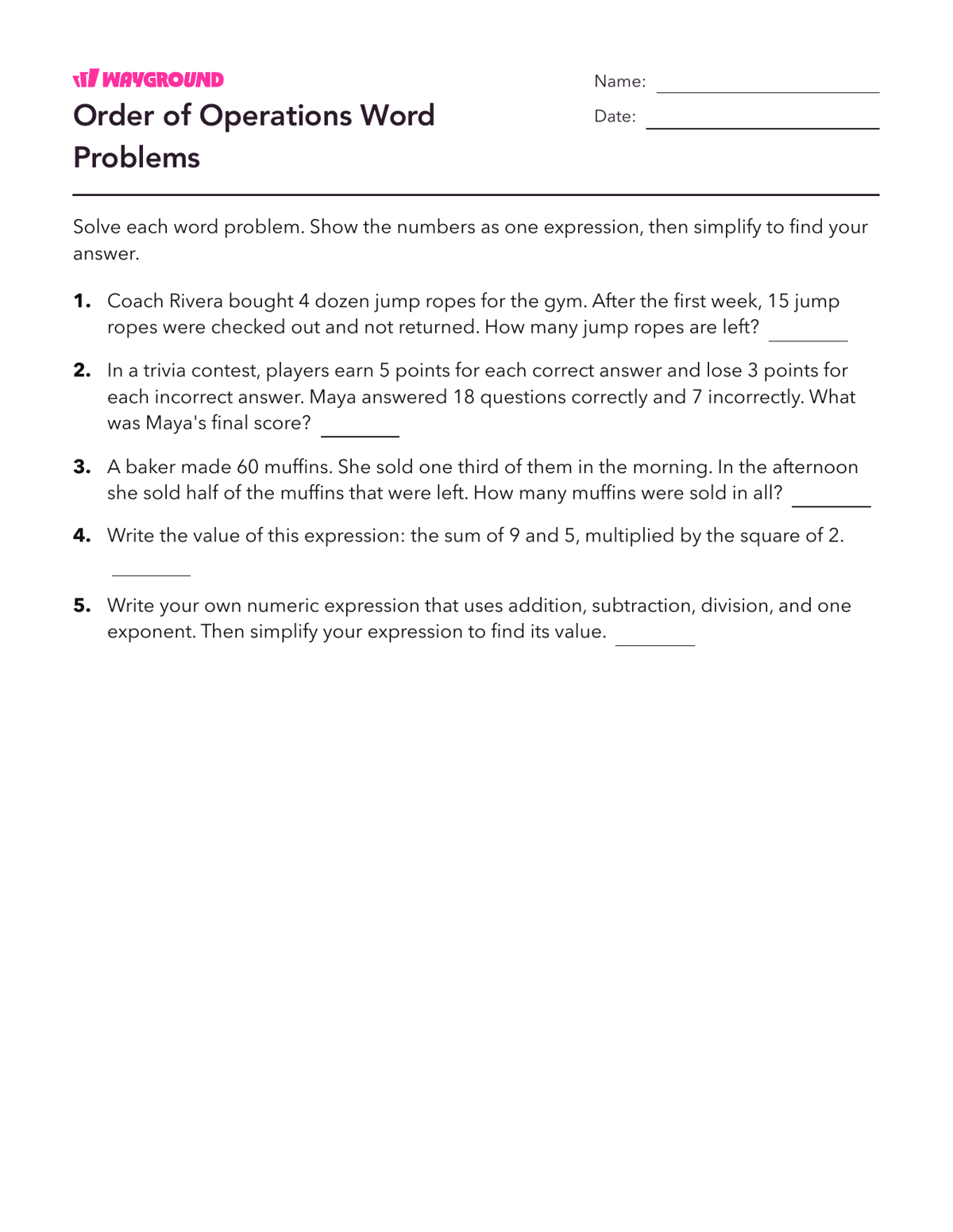 Order of Operations Word Problems - Imprimível Order-of-operations-pemdas Worksheets Grade 6 - Wayground