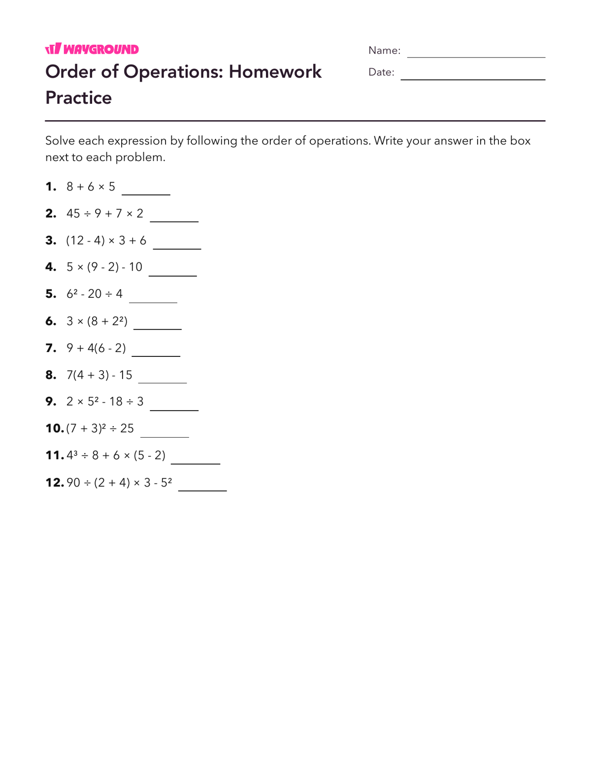 Order of Operations: Homework Practice - Imprimible Order-of-operations-pemdas Worksheets Class 7 - Wayground
