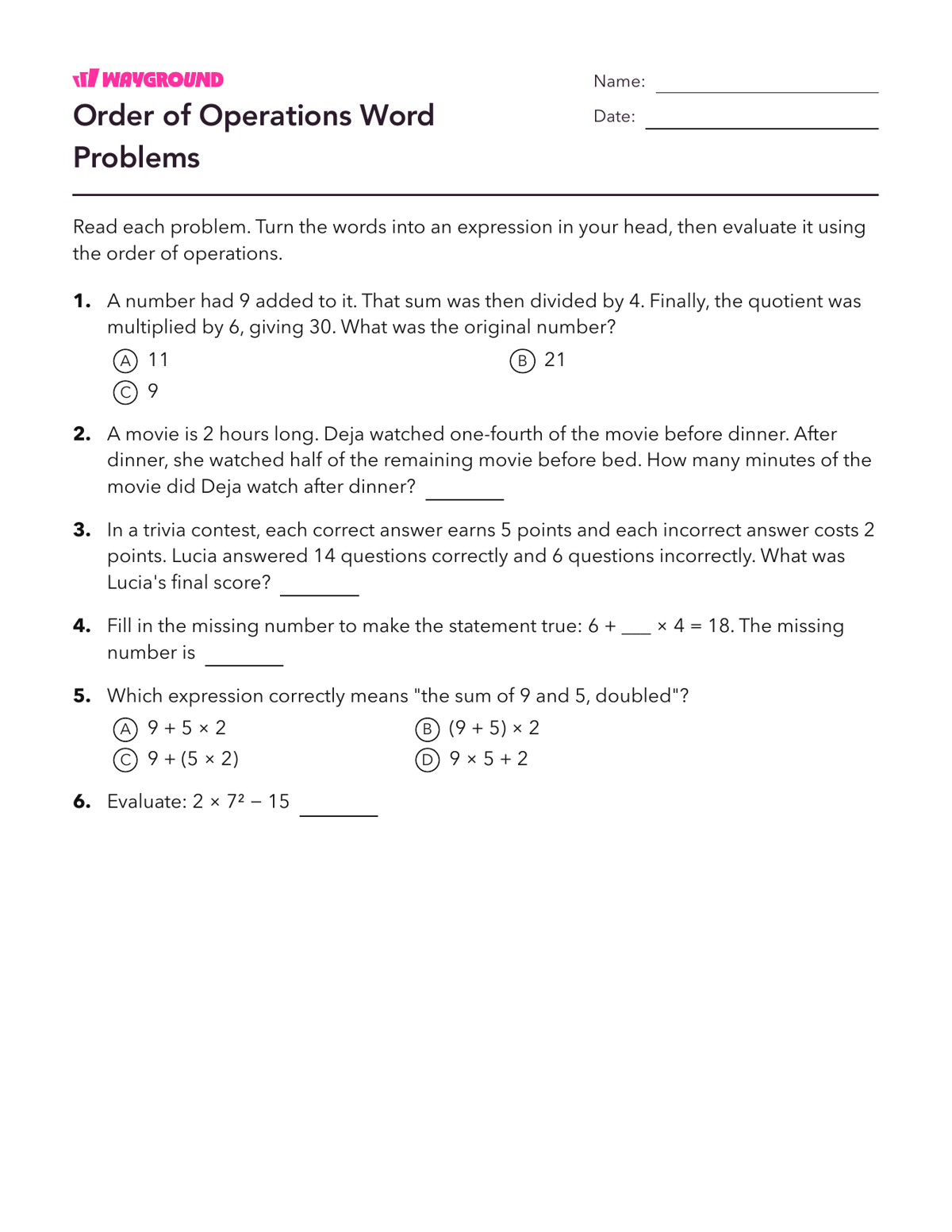 Order of Operations Word Problems - Imprimible Order-of-operations-pemdas Worksheets Class 7 - Wayground