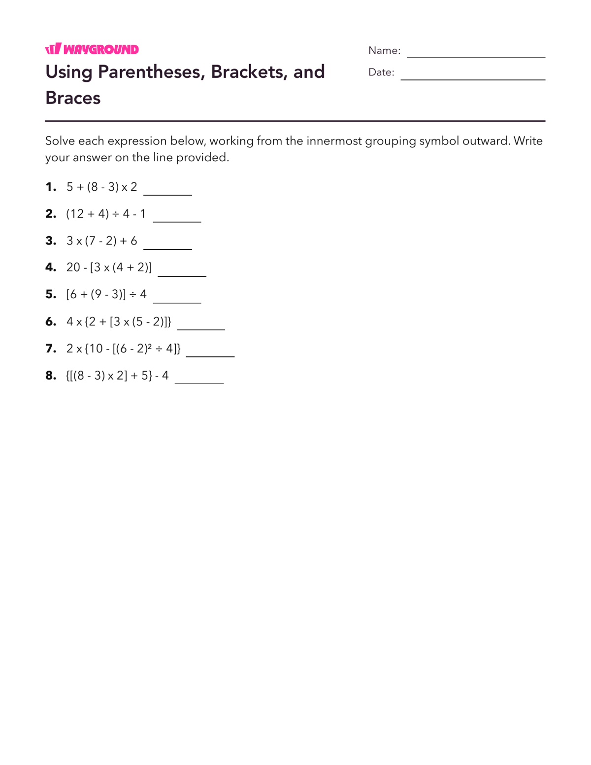 Using Parentheses, Brackets, and Braces - Printable Order-of-operations-pemdas Worksheets Year 8 - Wayground