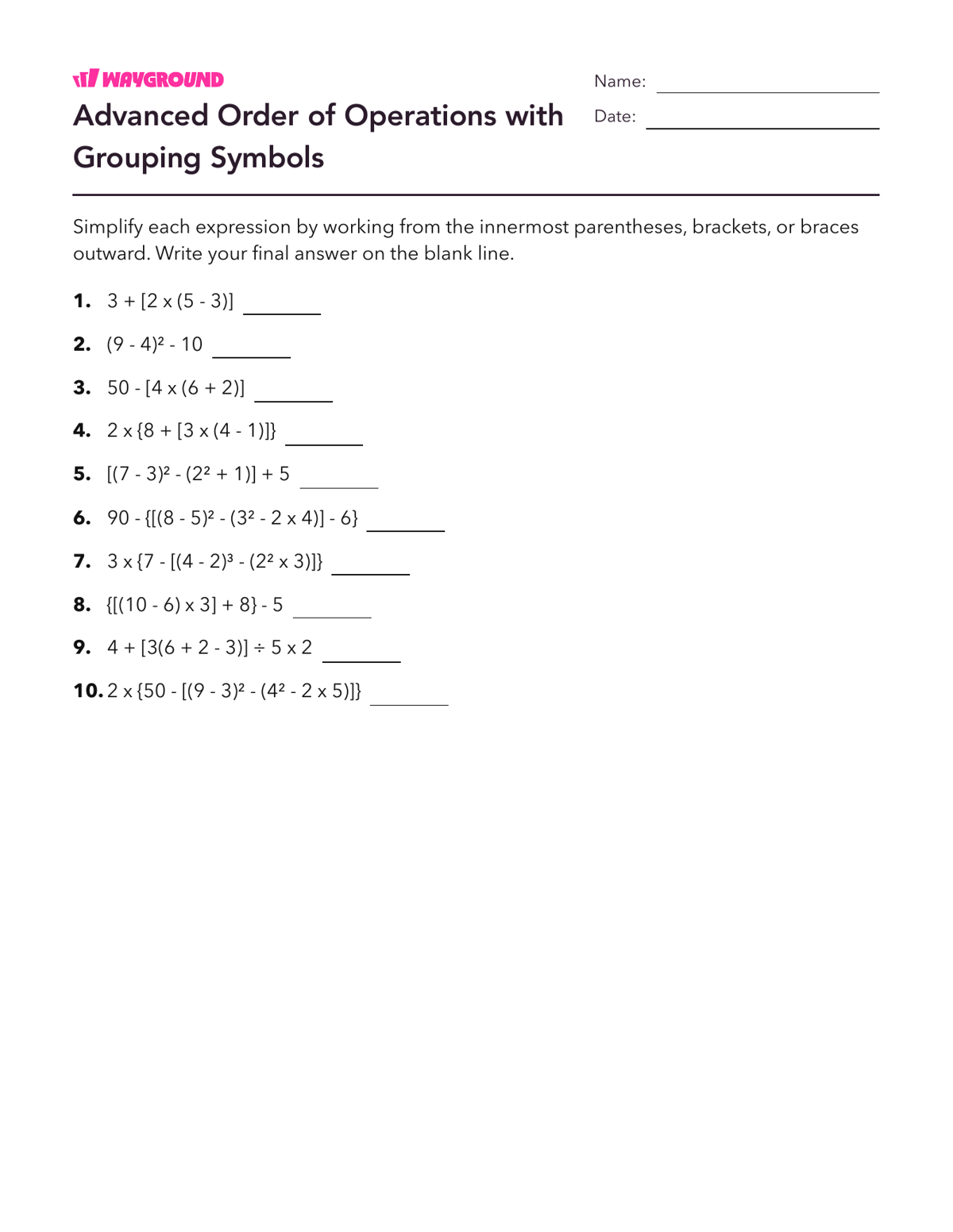 Advanced Order of Operations with Grouping Symbols - Printable Order-of-operations-pemdas Worksheets Year 8 - Wayground