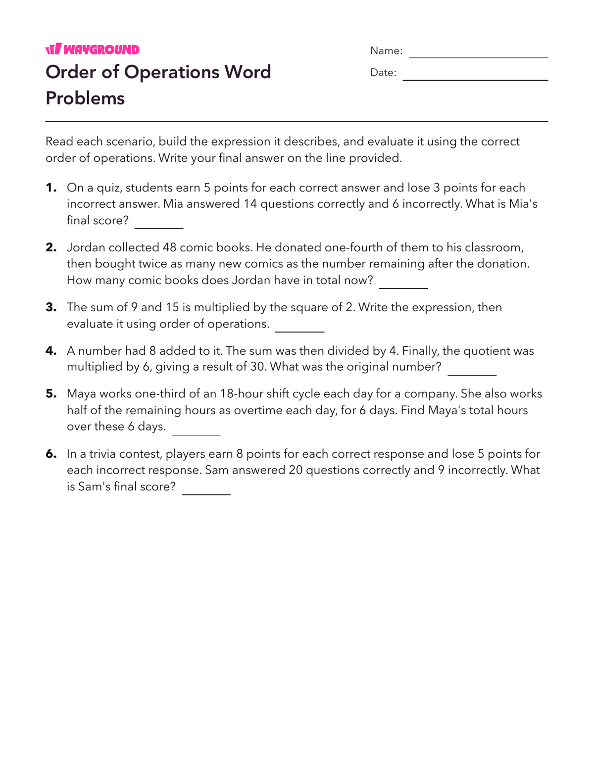 Order of Operations Word Problems - Printable Order-of-operations-pemdas Worksheets Year 8 - Wayground