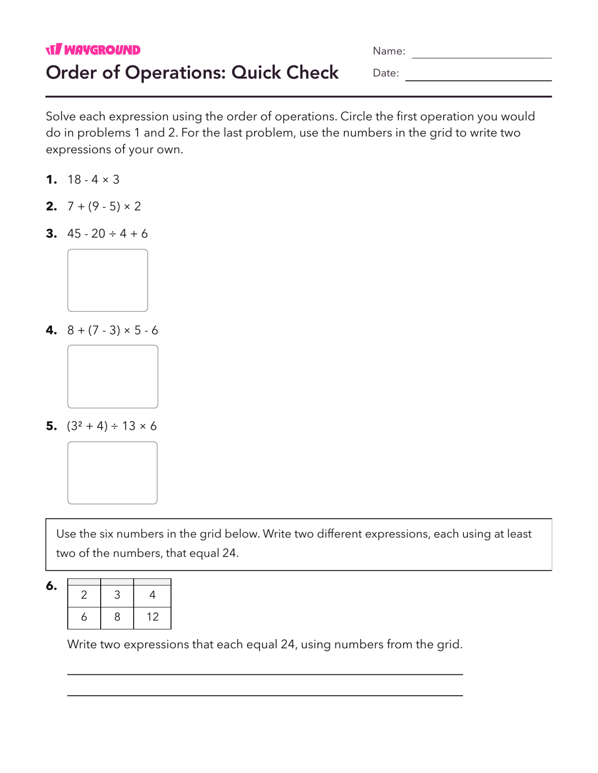 Order of Operations: Quick Check - Printable Order-of-operations-pemdas Worksheets - Wayground
