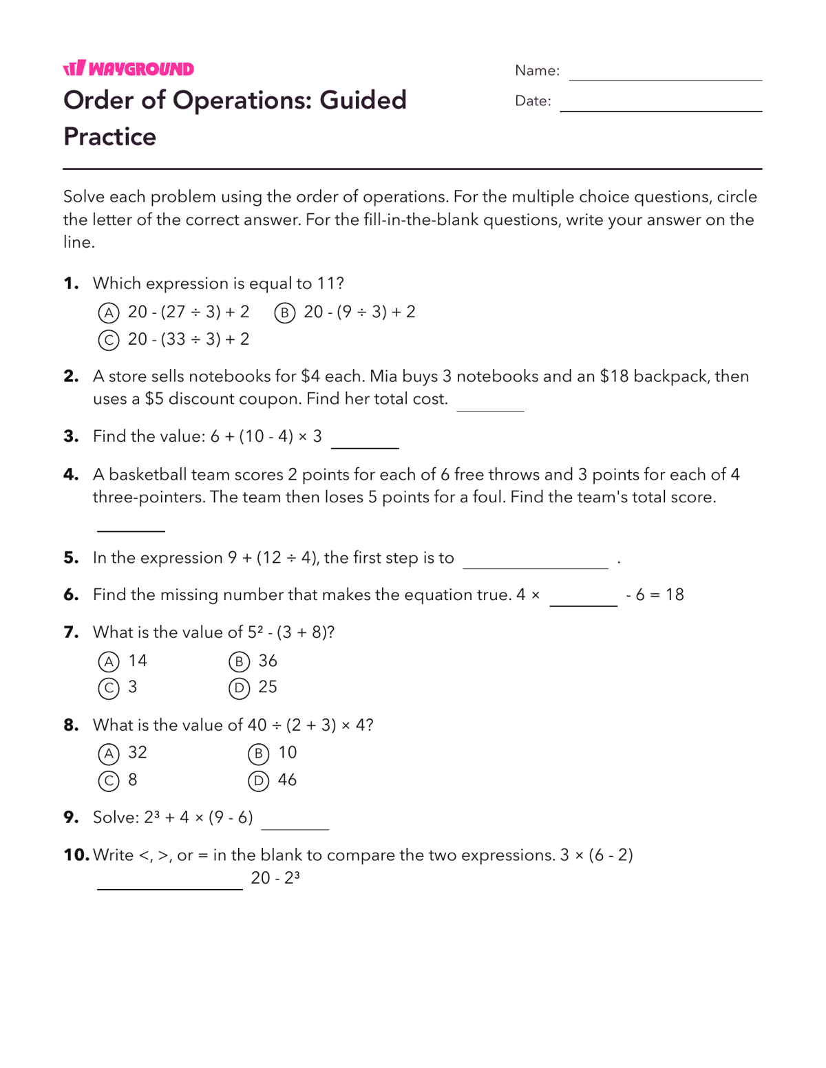 Order of Operations: Guided Practice - Printable Order-of-operations-pemdas Worksheets - Wayground