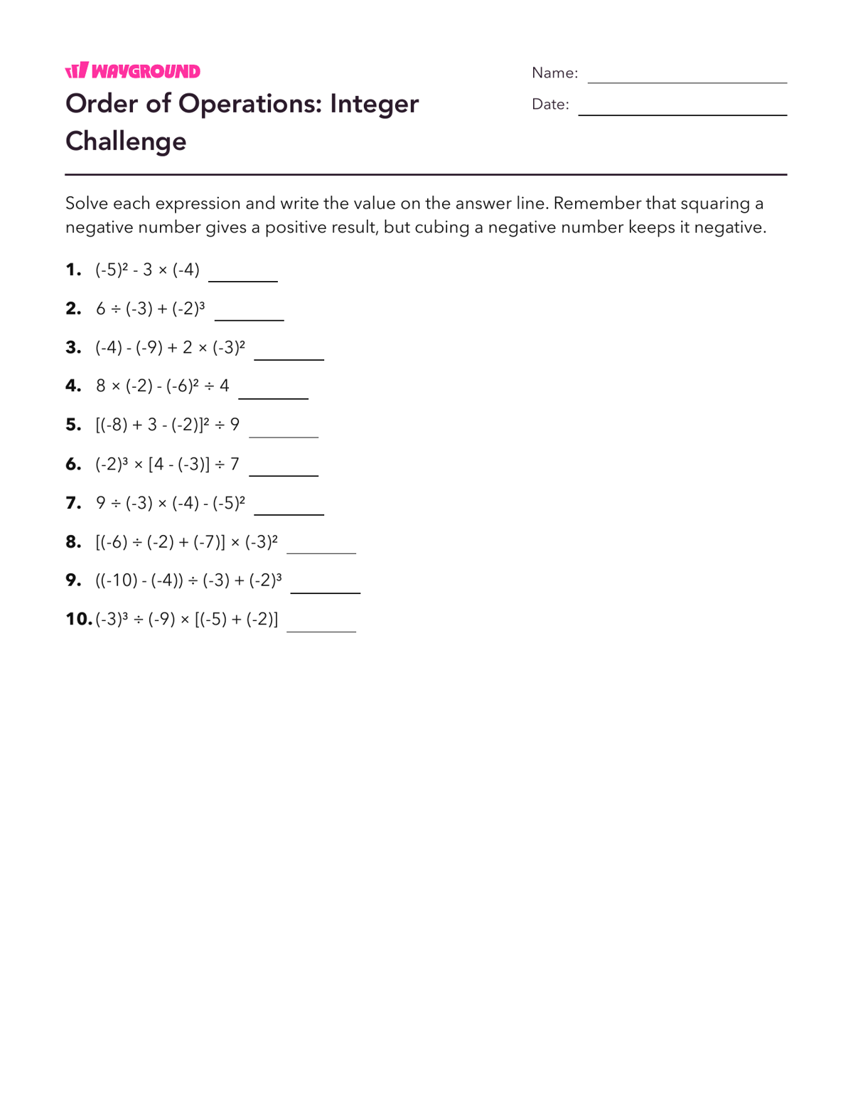 Order of Operations: Integer Challenge - Printable Order-of-operations-pemdas Worksheets - Wayground