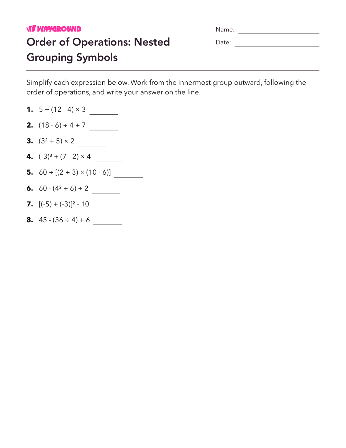 Order of Operations: Nested Grouping Symbols - Printable Order-of-operations-pemdas Worksheets - Wayground