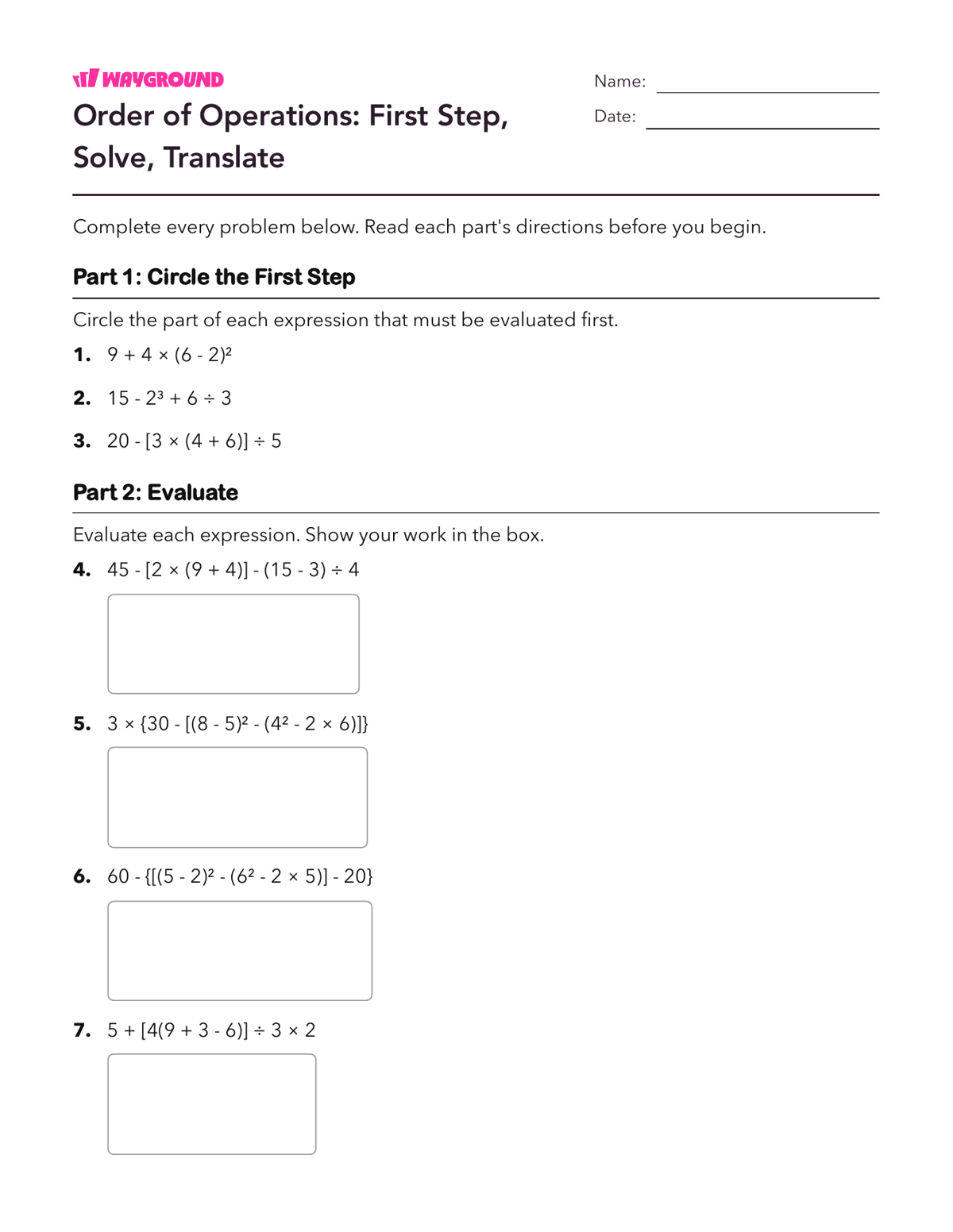 Order of Operations: First Step, Solve, Translate - Printable Order-of-operations-pemdas Worksheets - Wayground