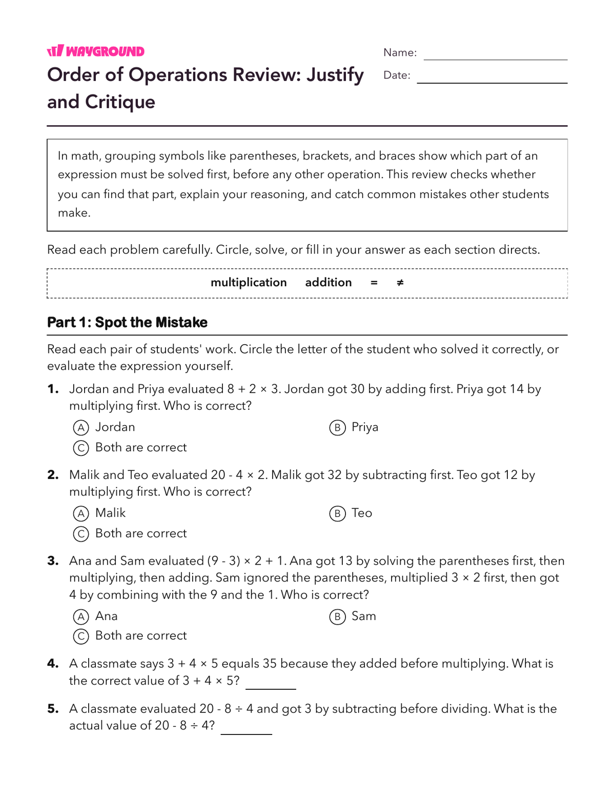 Order of Operations Review: Justify and Critique - Printable Order-of-operations-pemdas Worksheets - Wayground