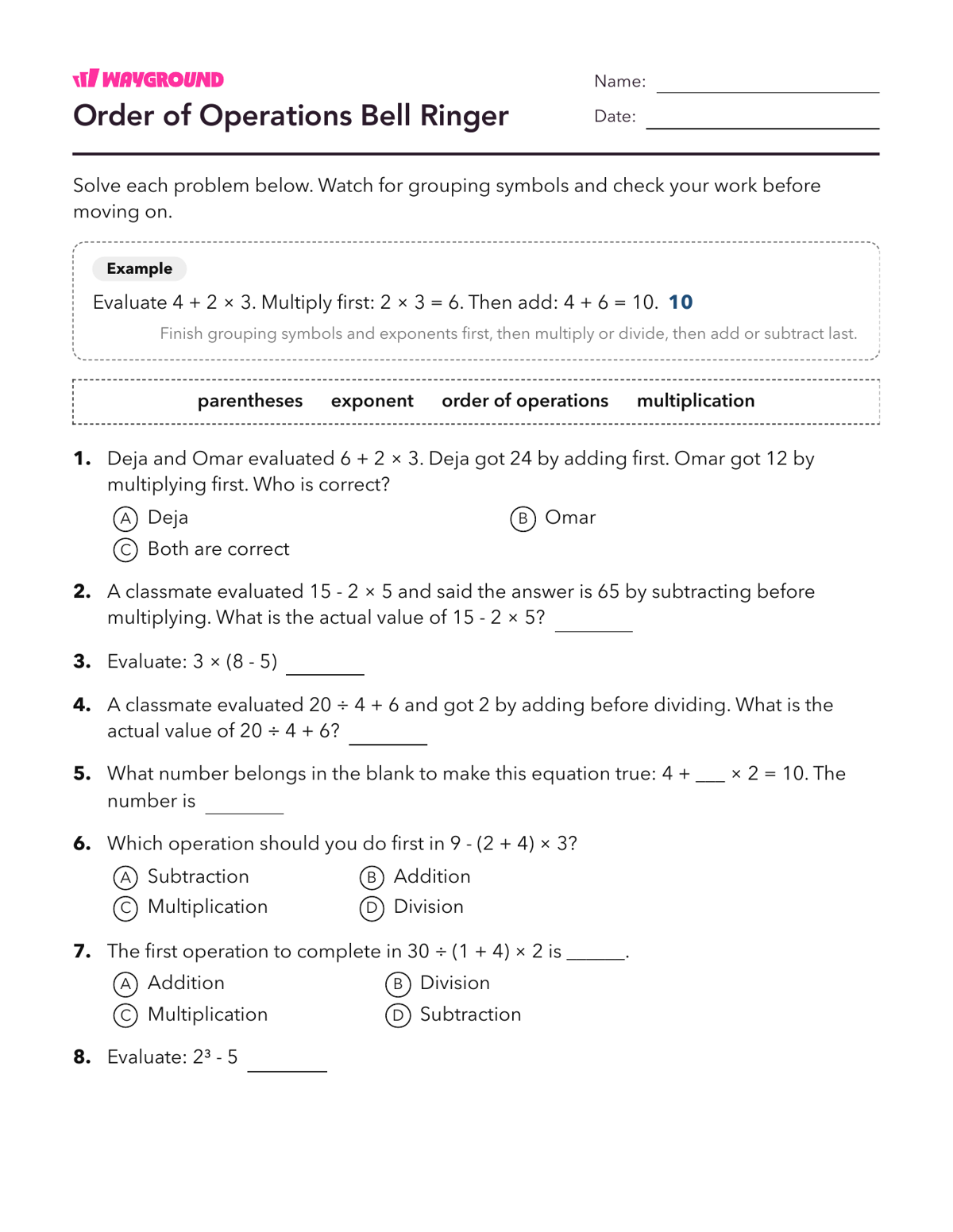 Order of Operations Bell Ringer - Printable Order-of-operations-pemdas Worksheets - Wayground
