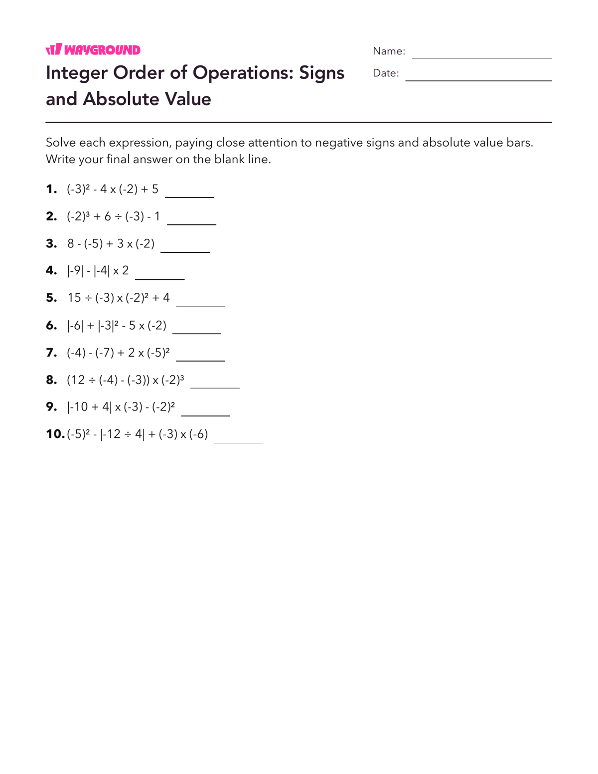 Integer Order of Operations: Signs and Absolute Value - Printable Order-of-operations-pemdas Worksheets - Wayground