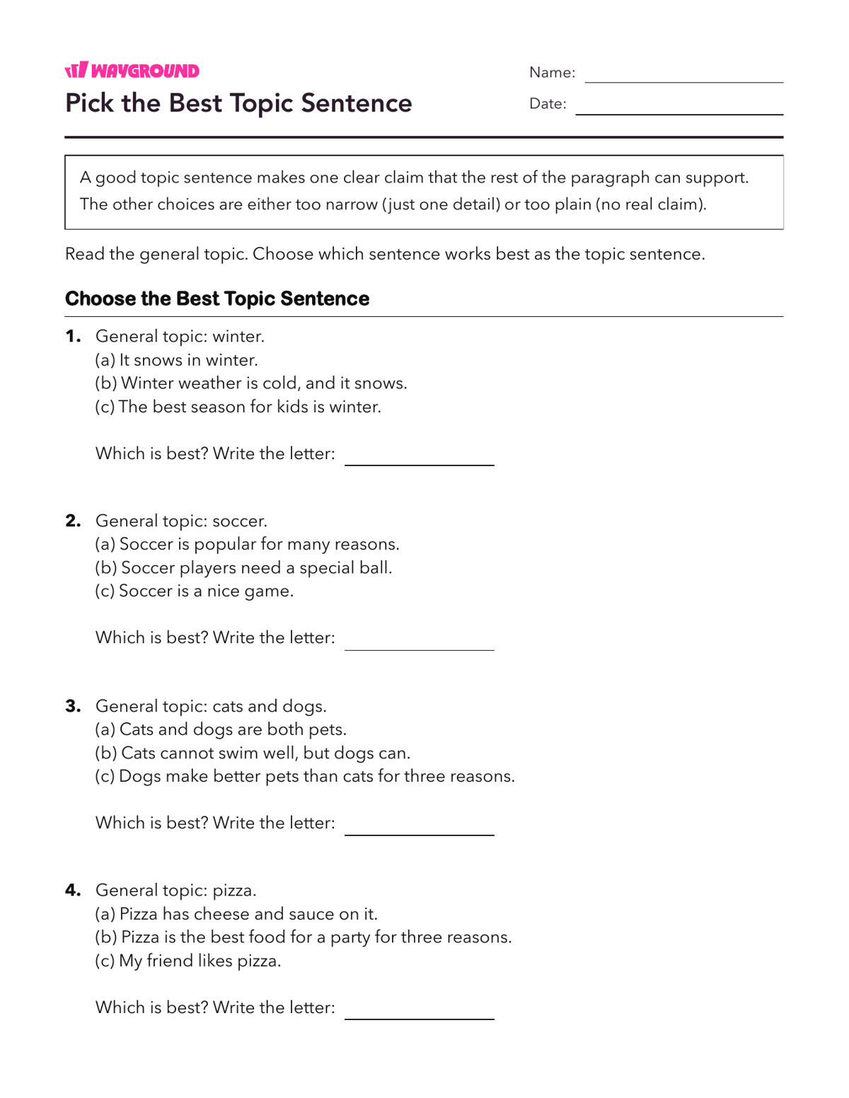 Pick the Best Topic Sentence - Nadający się do druku Struktura-akapitu Karty-pracy Klasa 3 - Wayground