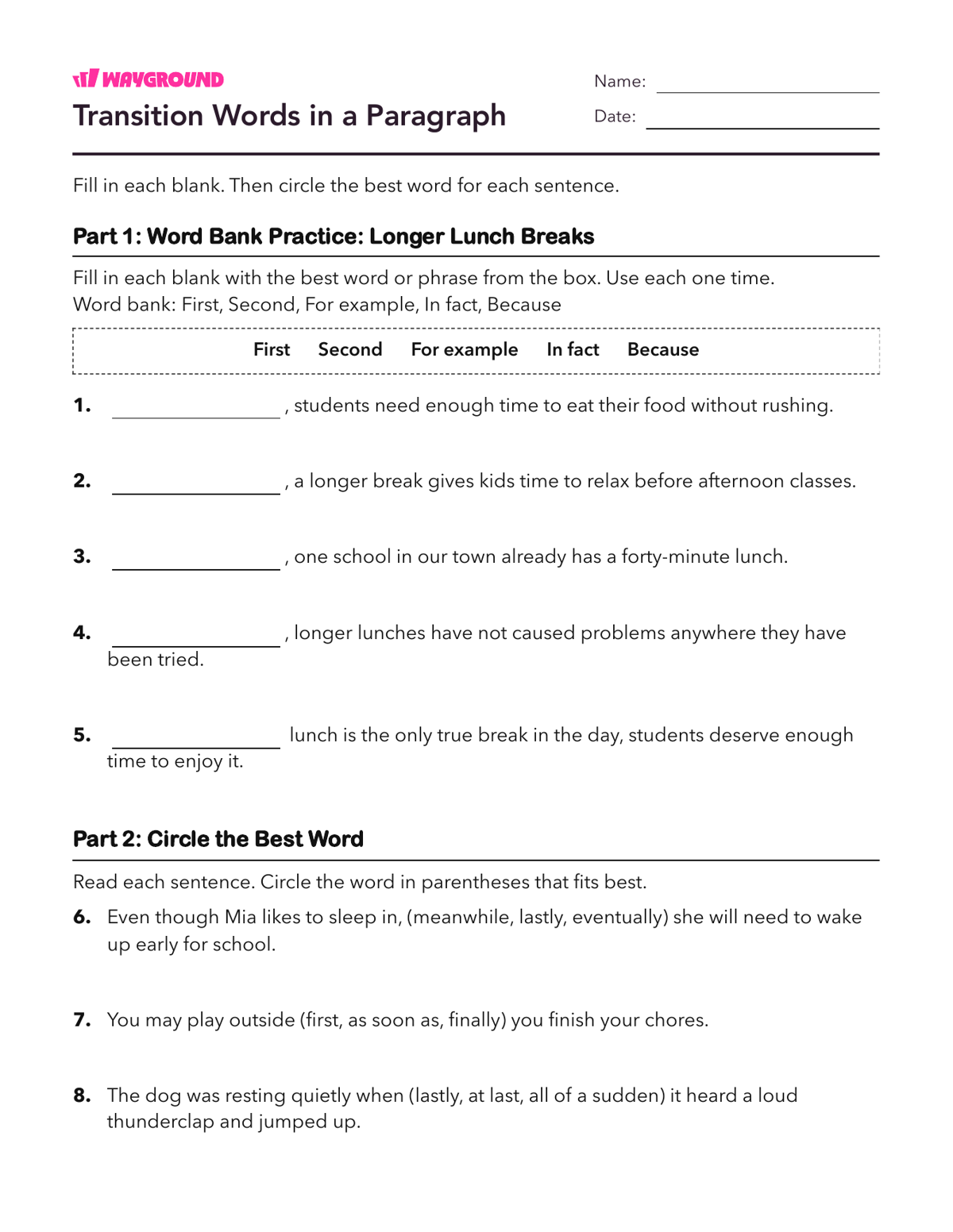 Transition Words in a Paragraph - Nadający się do druku Struktura-akapitu Karty-pracy Klasa 3 - Wayground