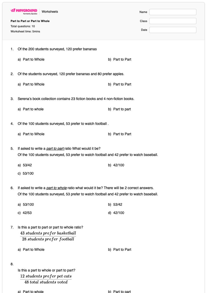 Part to Part or Part to Whole - Printable Part-part-whole-relationships Worksheets - Wayground