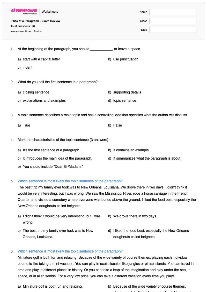 Parts of a Paragraph - Exam Review - พิมพ์ได้ ส่วนประกอบของประโยค เวิร์กชีท ระดับ 1 - Wayground
