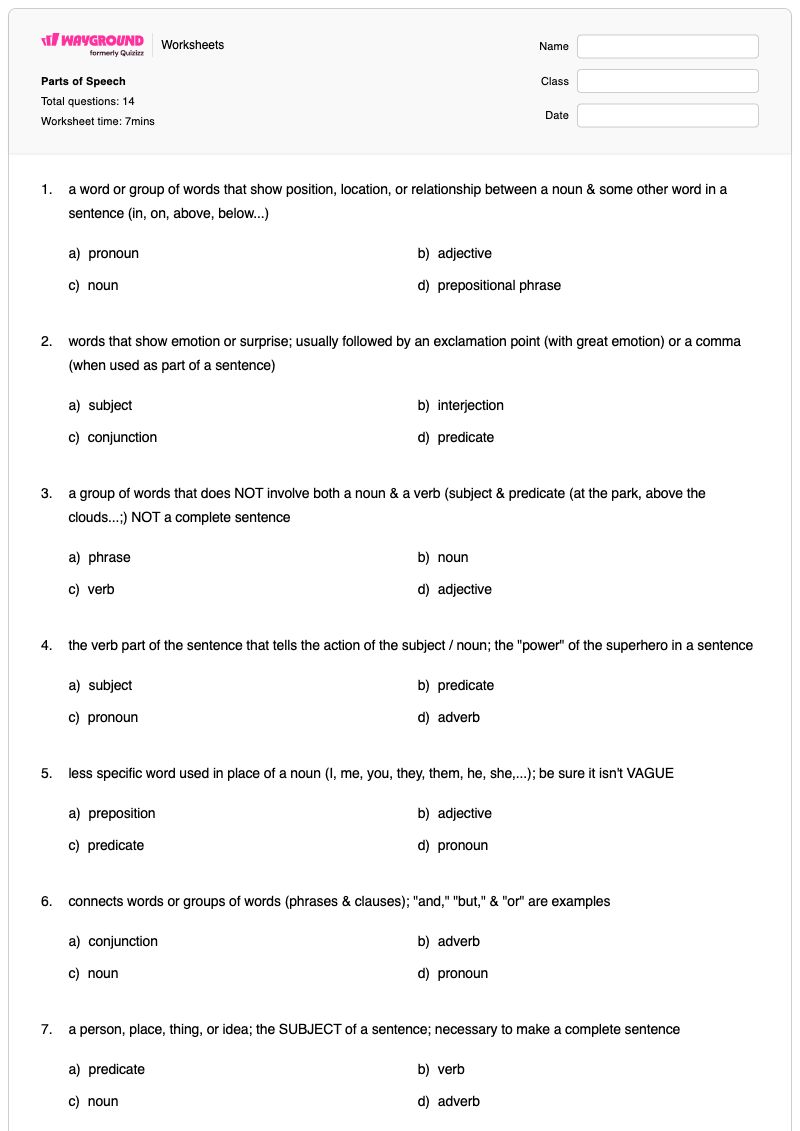Parts of Speech - พิมพ์ได้ ส่วนประกอบของคำพูด เวิร์กชีท ระดับ 8 - Wayground