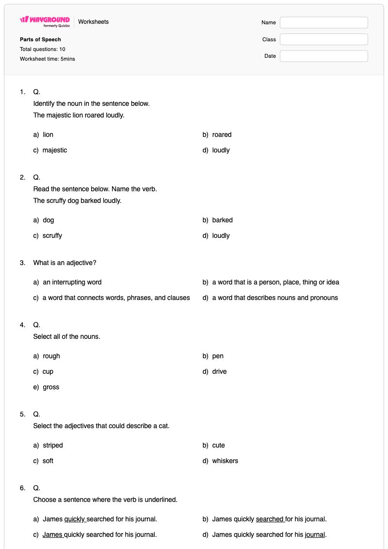 Parts of Speech - พิมพ์ได้ ส่วนประกอบของคำพูด เวิร์กชีท ระดับ 3 - Wayground