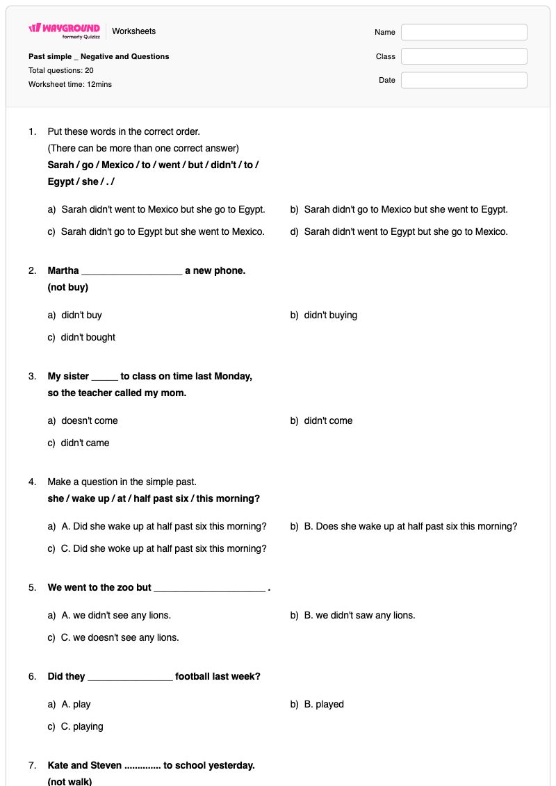 Past simple _ Negative and Questions - พิมพ์ได้ Using-time-order-words เวิร์กชีท ระดับ 4 - Wayground