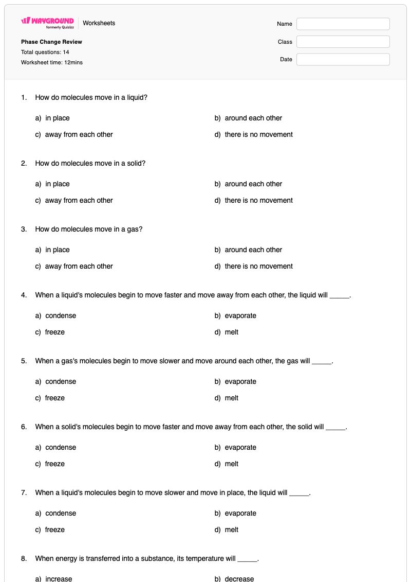 Phase Change Review - พิมพ์ได้ Classification-and-changes เวิร์กชีท ระดับ 8 - Wayground