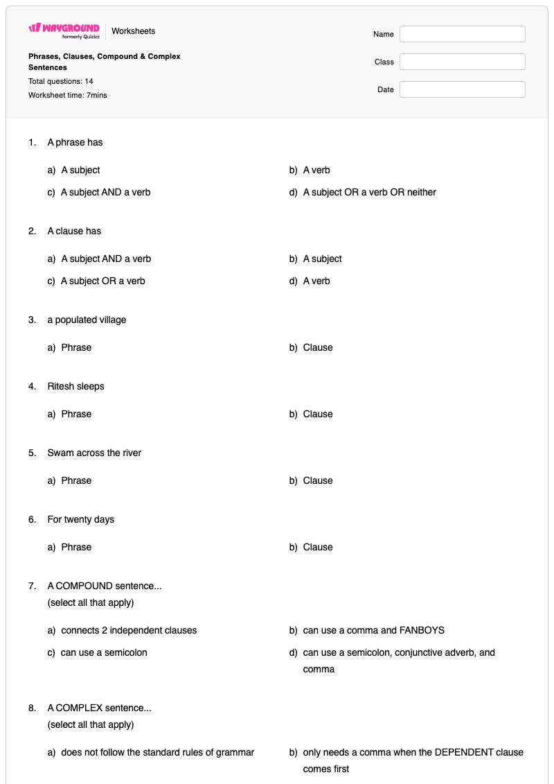 Phrases, Clauses, Compound & Complex Sentences - พิมพ์ได้ Diagramming-sentences เวิร์กชีท ระดับ 10 - Wayground
