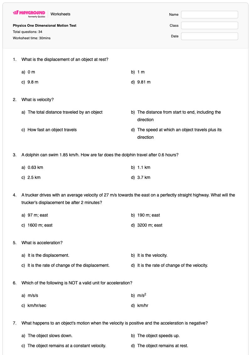 Physics One Dimensional Motion Test - พิมพ์ได้ One-dimensional-kinematics เวิร์กชีท - Wayground