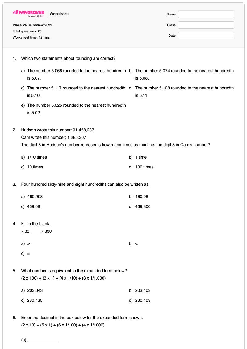 Place Value review 2022 - พิมพ์ได้ Place-value-manipulatives เวิร์กชีท ระดับ 5 - Wayground