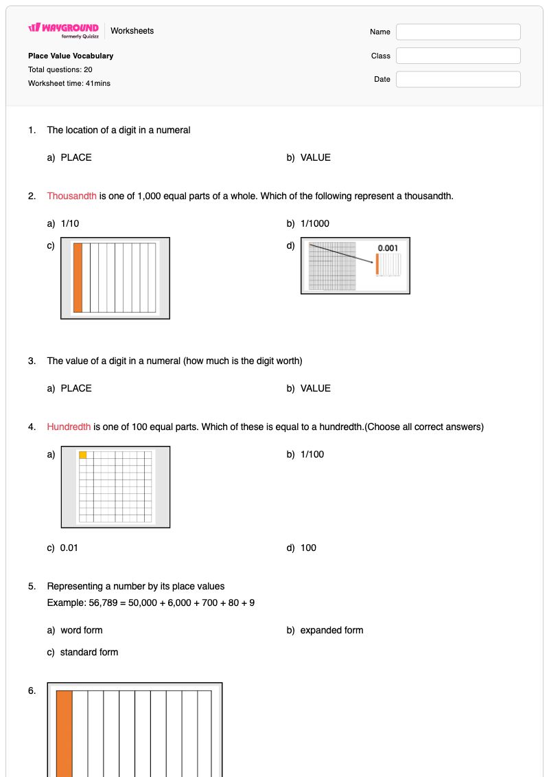 Place Value Vocabulary - พิมพ์ได้ Place-value-manipulatives เวิร์กชีท ระดับ 5 - Wayground