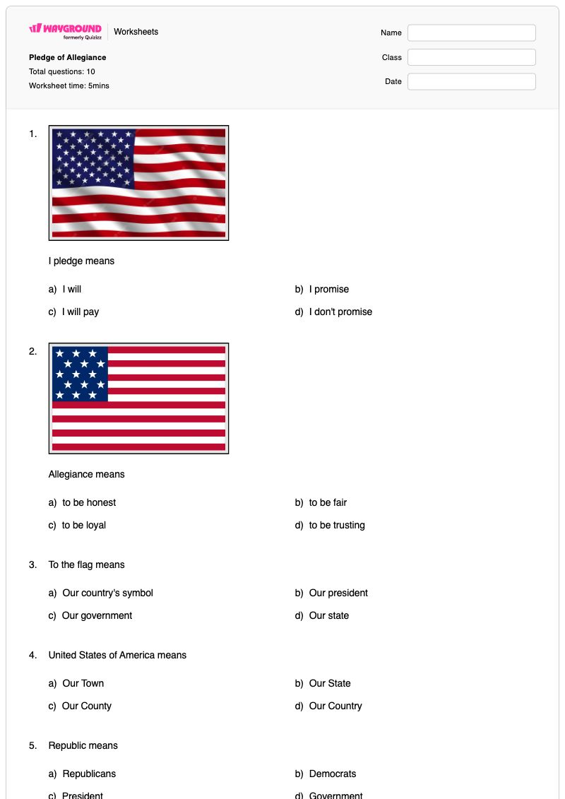 Pledge of Allegiance - พิมพ์ได้ คำปฏิญาณตนต่อธงชาติ เวิร์กชีท โรงเรียนอนุบาล - Wayground