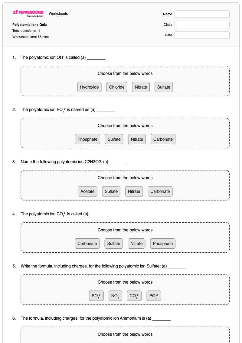 Polyatomic Ions Quiz - พิมพ์ได้ Ion-formation เวิร์กชีท ระดับ 9 - Wayground