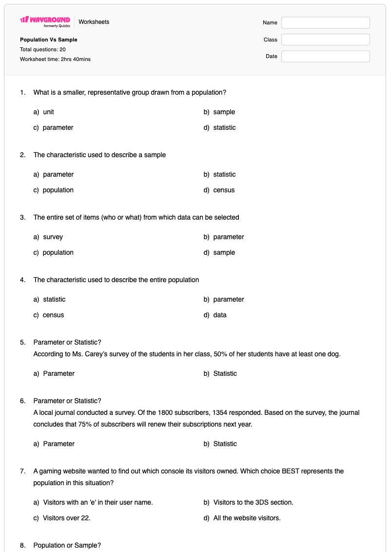 Population Vs Sample - พิมพ์ได้ ประชากรและกลุ่มตัวอย่าง เวิร์กชีท ระดับ 6 - Wayground