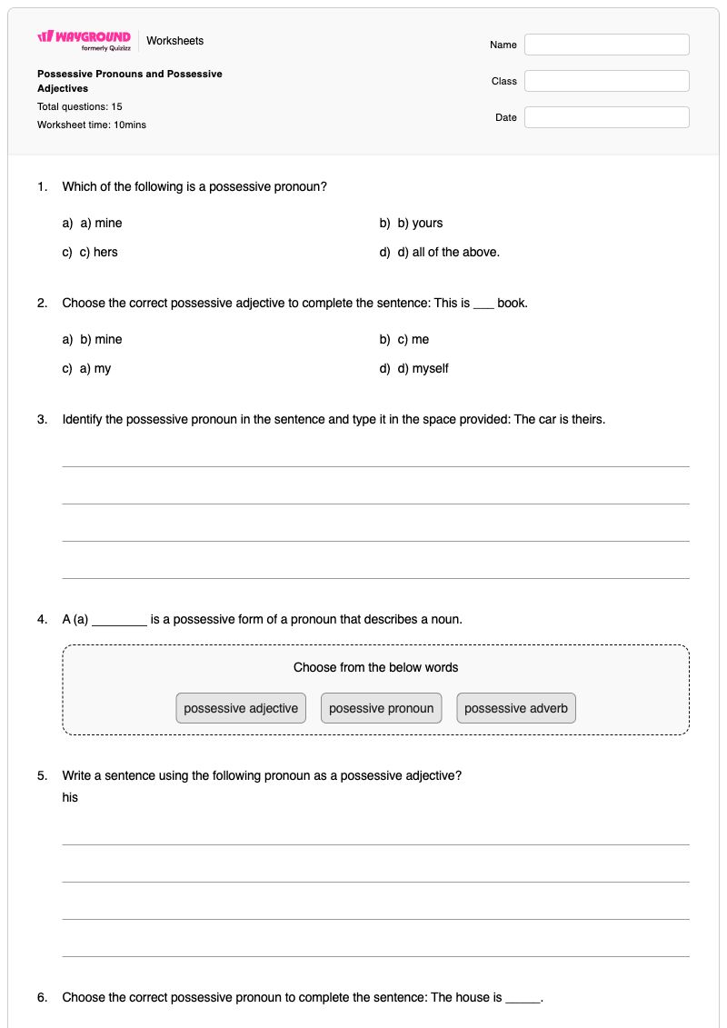 Possessive Pronouns and Possessive Adjectives - พิมพ์ได้ สรรพนามแสดงความเป็นเจ้าของ เวิร์กชีท โรงเรียนอนุบาล - Wayground