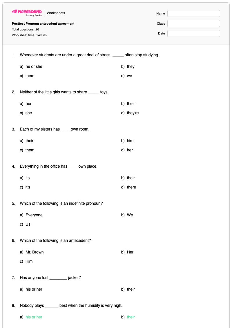 Posttest Pronoun antecedent agreement - Printable Pronoun-antecedent-agreement Worksheets Grade 7 - Wayground