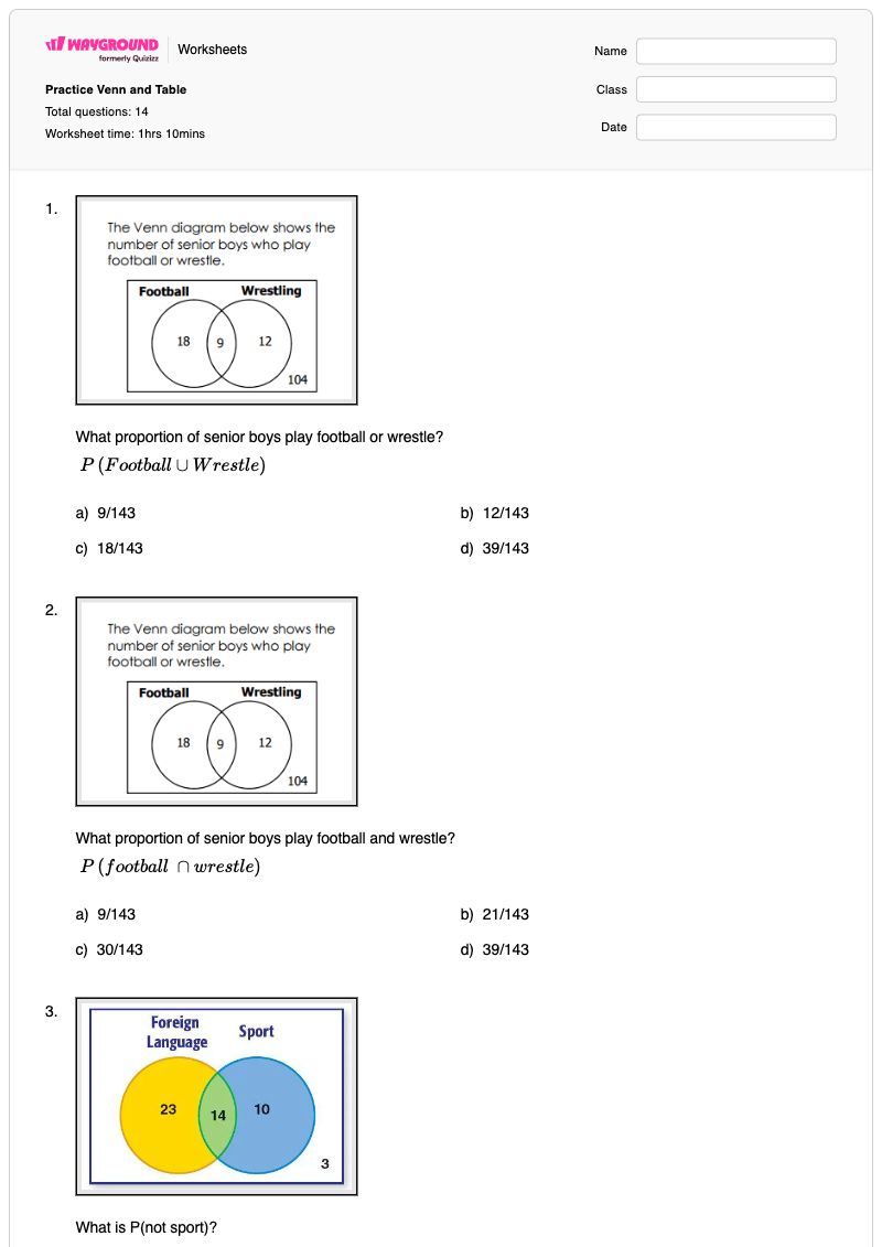 Practice Venn and Table  - พิมพ์ได้ Two-way-frequency-tables เวิร์กชีท - Wayground