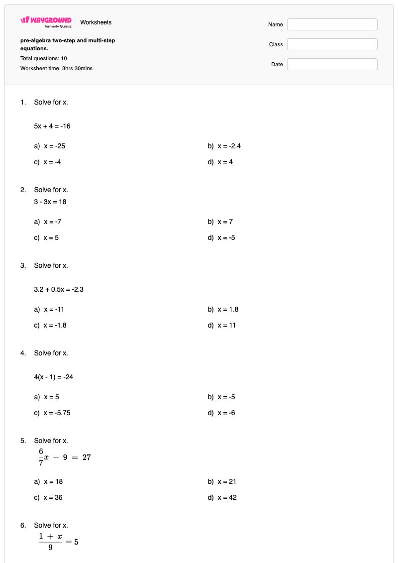 pre-algebra two-step and multi-step equations. - Printable Two-step-equations Worksheets - Wayground