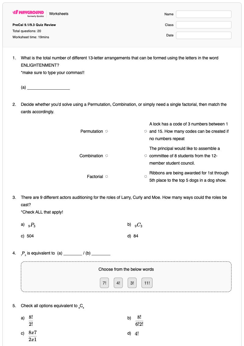 PreCal 9.1/9.3 Quiz Review - พิมพ์ได้ การรวมตัวเลข เวิร์กชีท โรงเรียนอนุบาล - Wayground