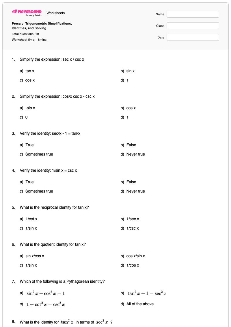 Precalc: Trigonometric Simplifications, Identities, and Solving - Printable Trigonometric-identities Worksheets - Wayground