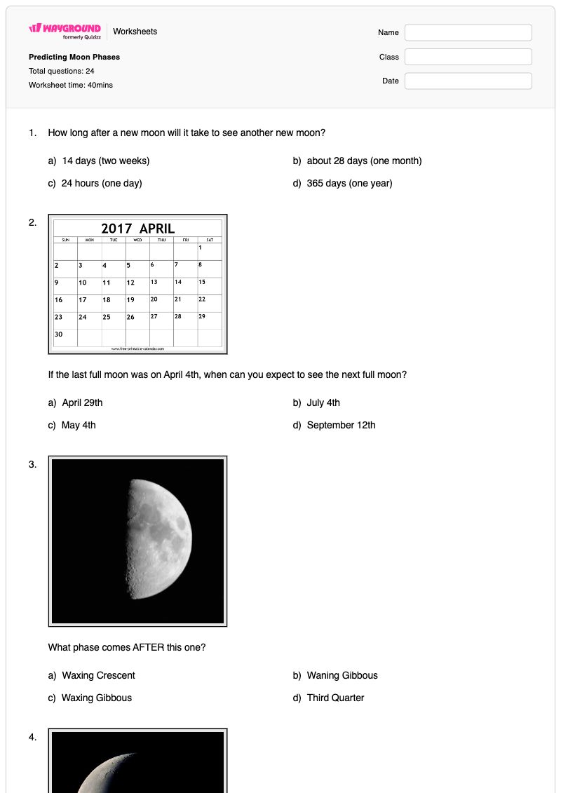 Predicting Moon Phases - พิมพ์ได้ Moon-phases เวิร์กชีท ระดับ 8 - Wayground