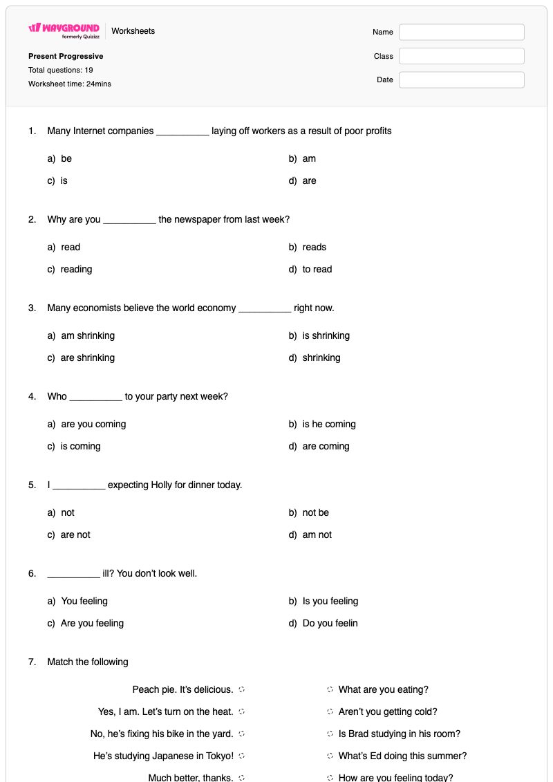 Present Progressive - พิมพ์ได้ Diagramming-sentences เวิร์กชีท ระดับ 9 - Wayground