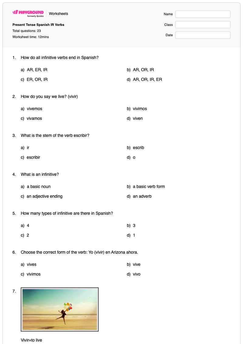 Present Tense Spanish IR Verbs - Imprimível Terminações-flexionais Fichas-de-trabalho Série 6 - Wayground