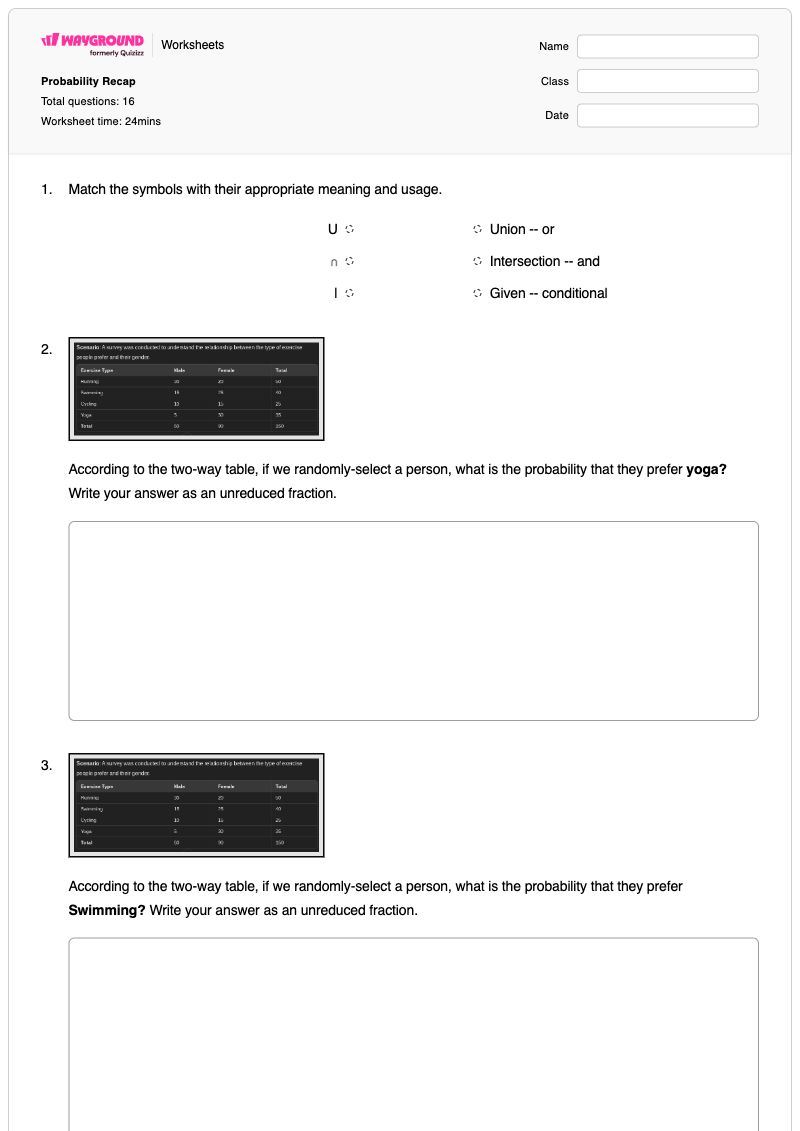 Probability Recap - พิมพ์ได้ Mutually-exclusive-events เวิร์กชีท - Wayground