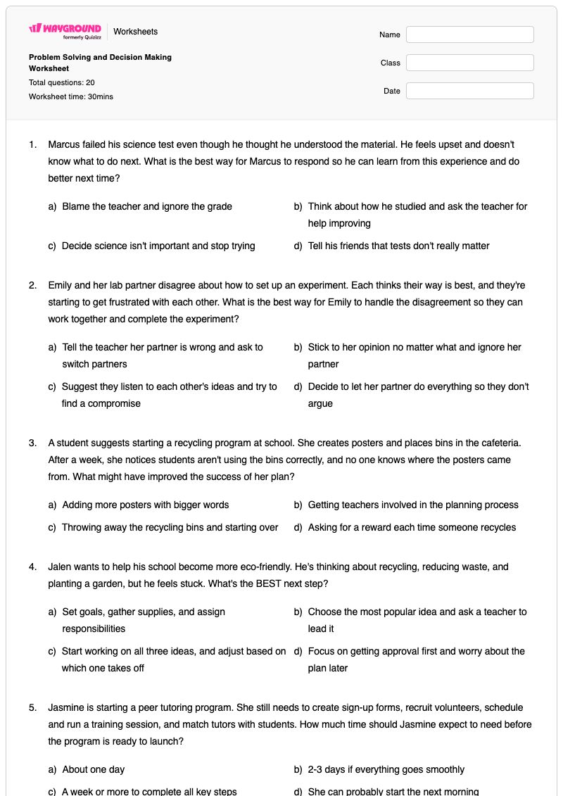 Problem Solving and Decision Making Worksheet - พิมพ์ได้ Decision-making เวิร์กชีท ระดับ 6 - Wayground