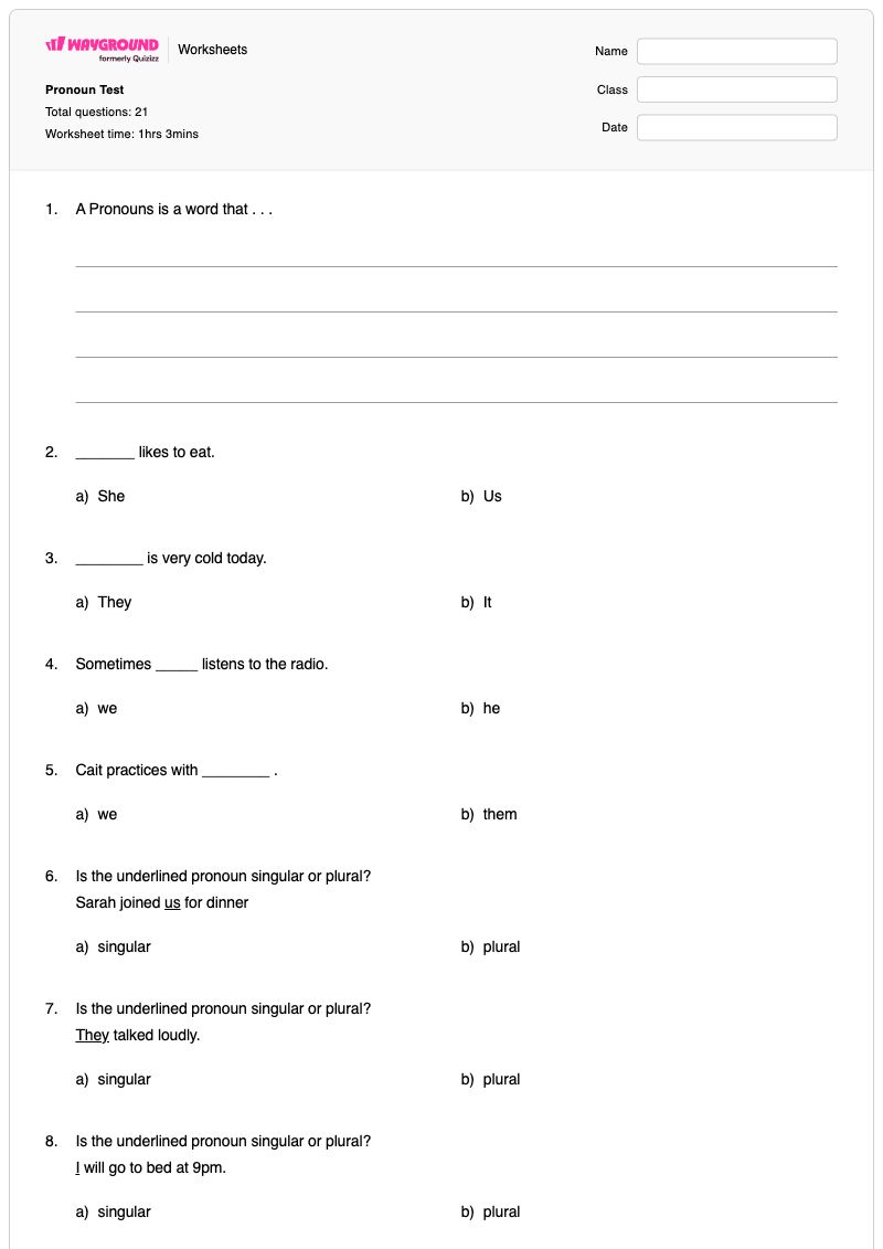Pronoun Test - พิมพ์ได้ Singular-possessives เวิร์กชีท ระดับ 3 - Wayground