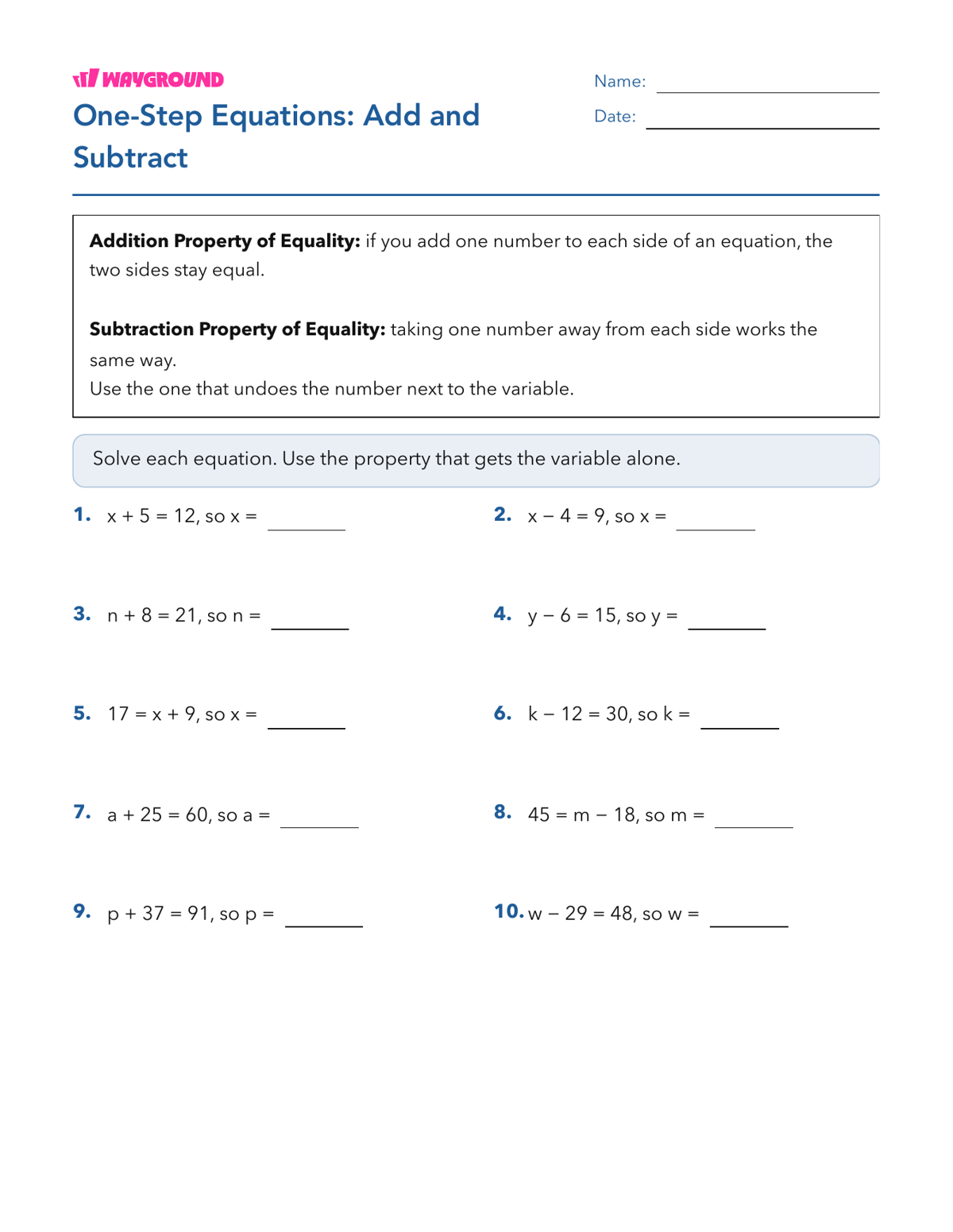 One-Step Equations: Add and Subtract - Imprimible Propiedades-de-la-igualdad Hojas-de-trabajo Grado 6 - Wayground